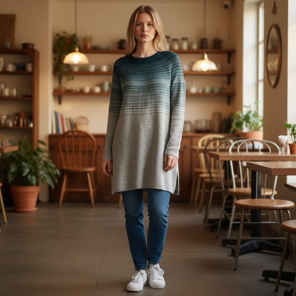 J.Jill Tunic Sweater Womens Ombre Knit Crew Neck Teal Grey Small